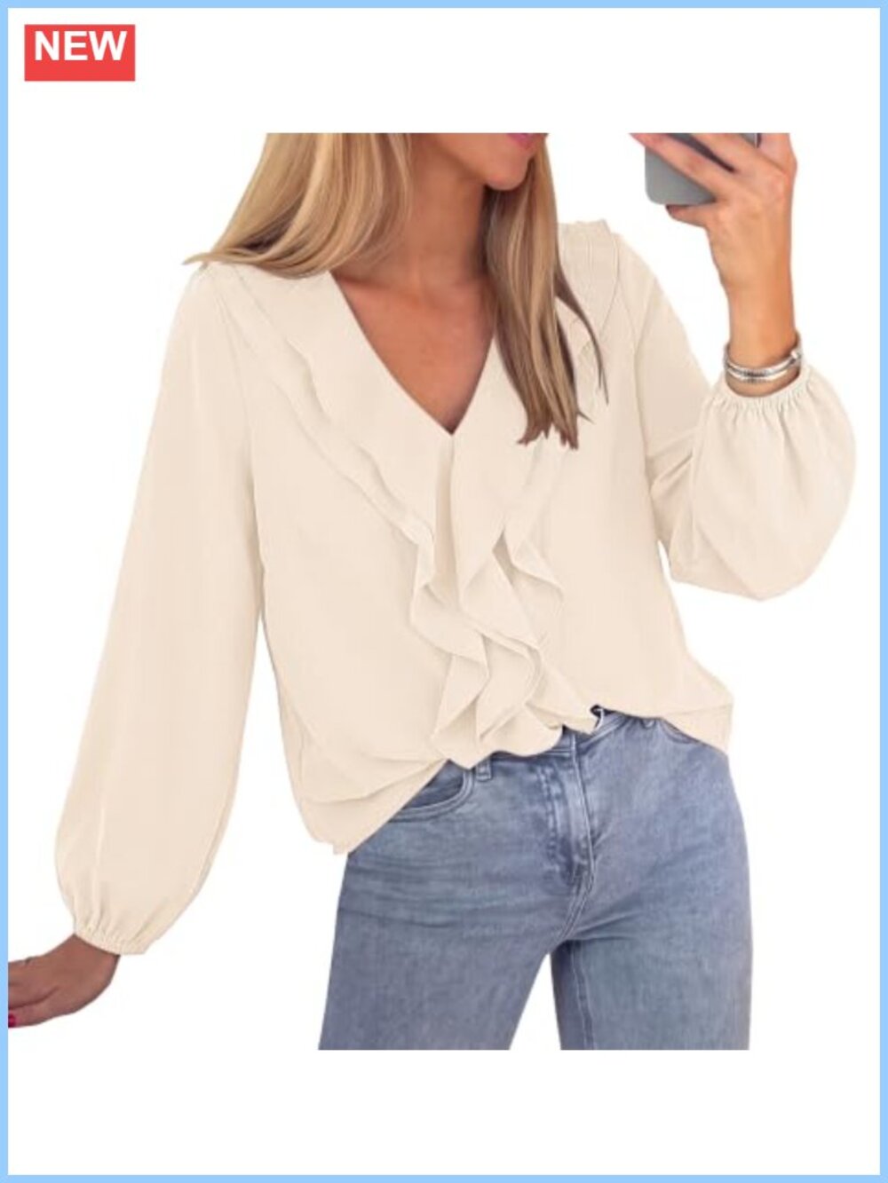 Womens Ruffle Blouse V-Neck Long Sleeve Dressy Casual Top